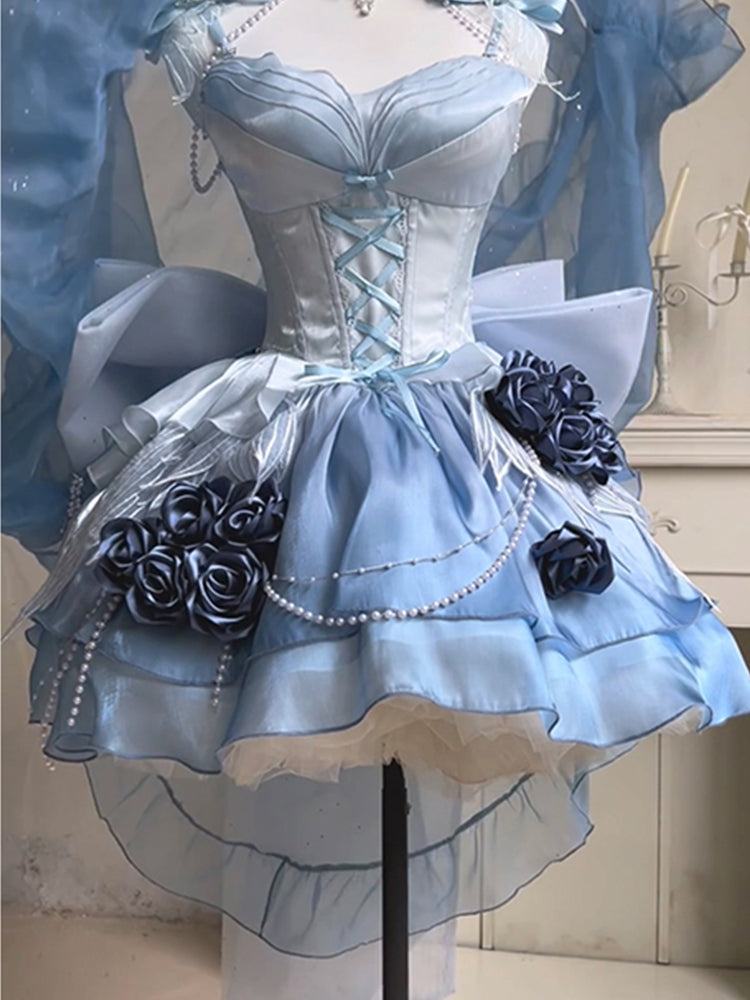 Sky blue short rose wedding dress Lolita trailing puffy princess dress R1681