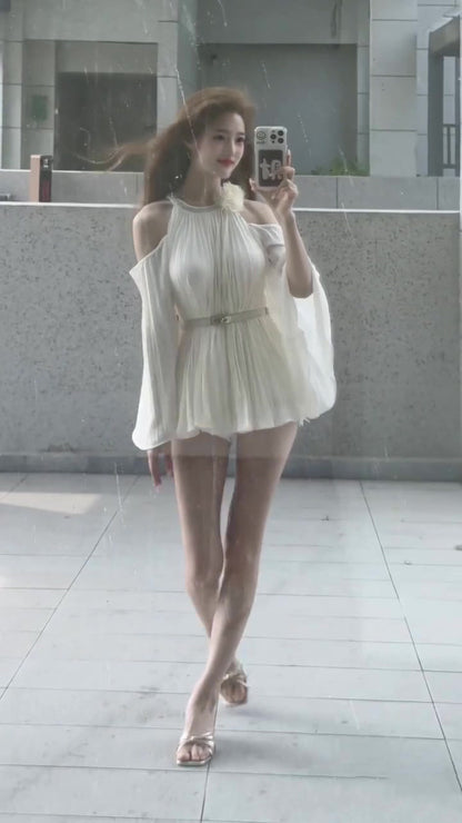 Temperament three-dimensional flower halter neck dress beautiful waist A-line short skirt R0653