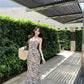 Tea break floral suspender dress gentle temperament waist slim fit A-line skirt R0499