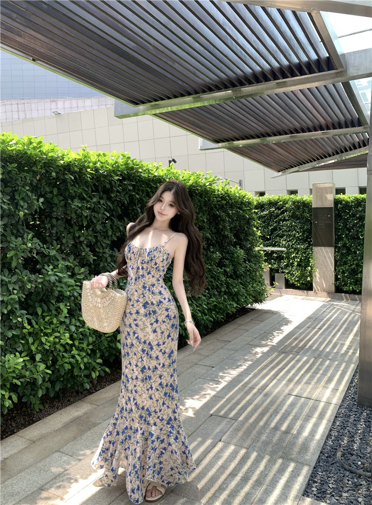 Tea break floral suspender dress gentle temperament waist slim fit A-line skirt R0499