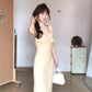 Gentle style yellow v-neck floral dress beautiful temperament waist slim long dress R0503