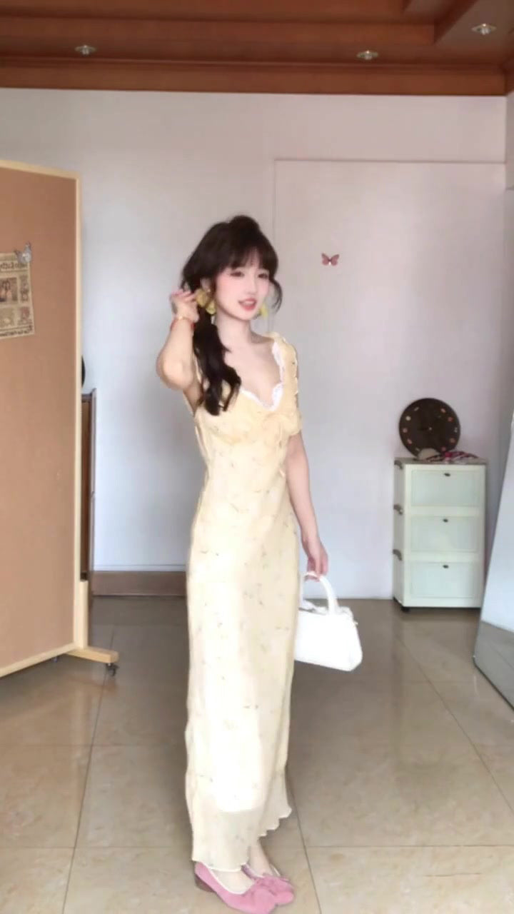 Gentle style yellow v-neck floral dress beautiful temperament waist slim long dress R0503