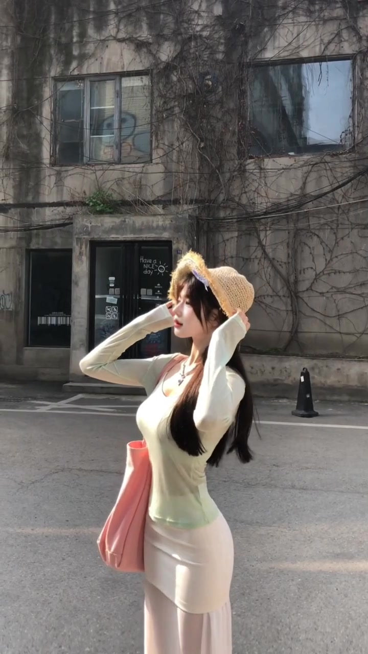 2025 Cool and Relaxed Wear Set Green Long-sleeved T-shirt Vest Skirt Three-piece Set R0497