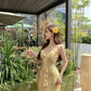 Yellow v-neck floral dress with ruffles, beautiful and unique waist-hugging hip skirt R0500