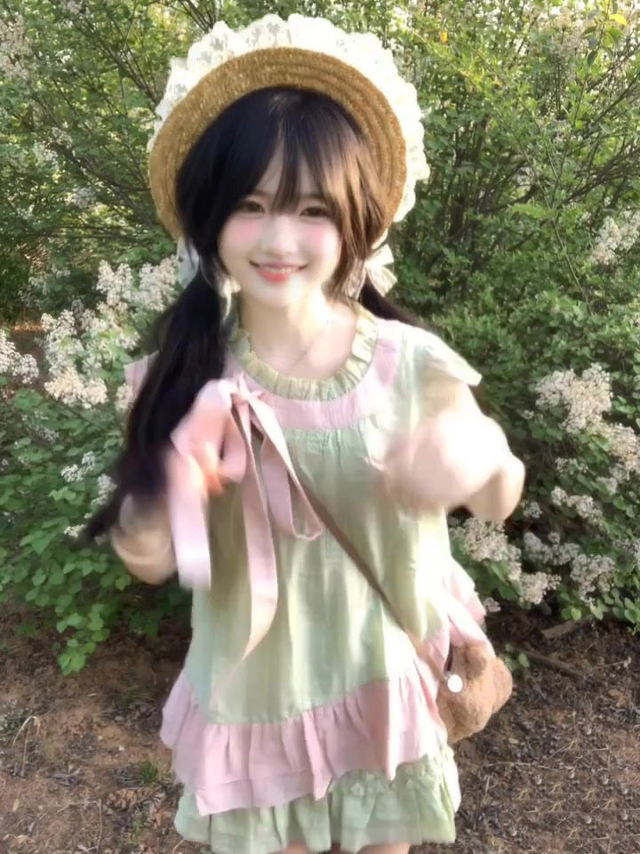 Pure outfit set casual green small flying sleeve top short skirt two-piece set R0834