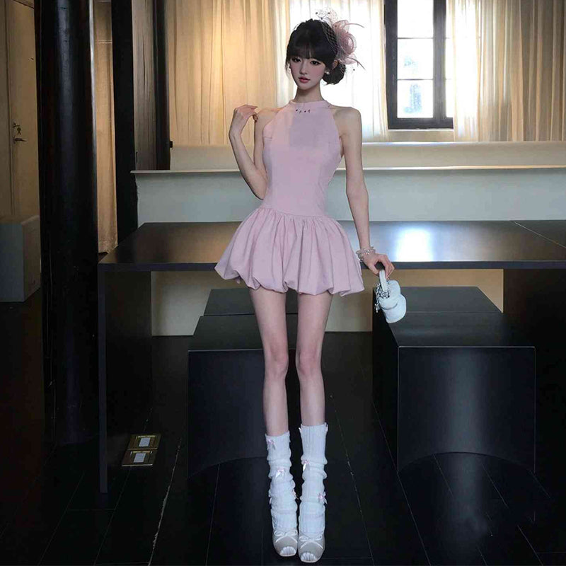 Pink sleeveless vest dress gentle temperament waist fluffy flower bud skirt R0799