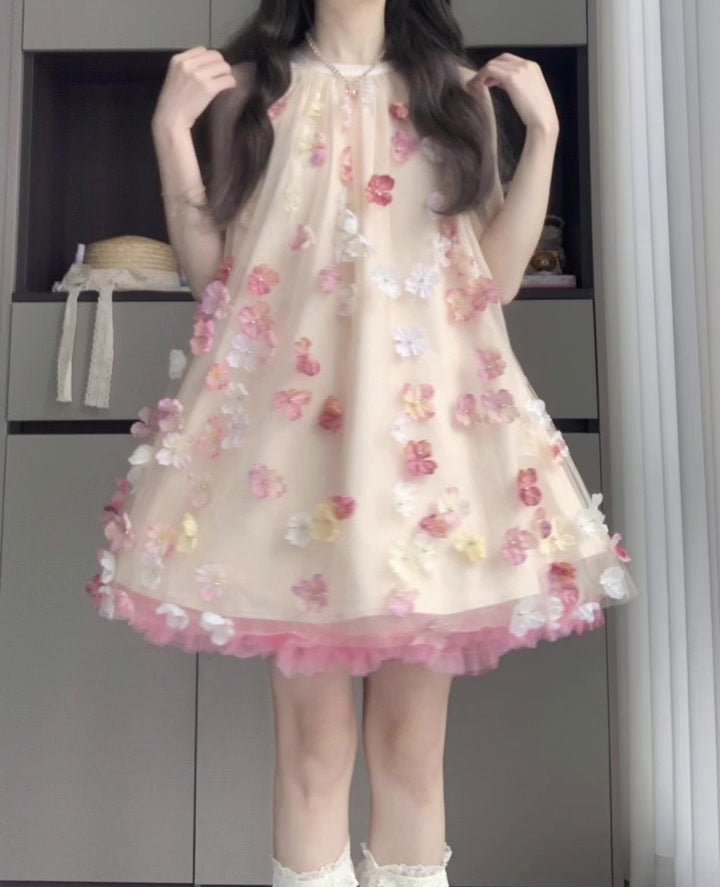 Gentle and sweet style flower off-shoulder halter dress beautiful loose A-line skirt R0798