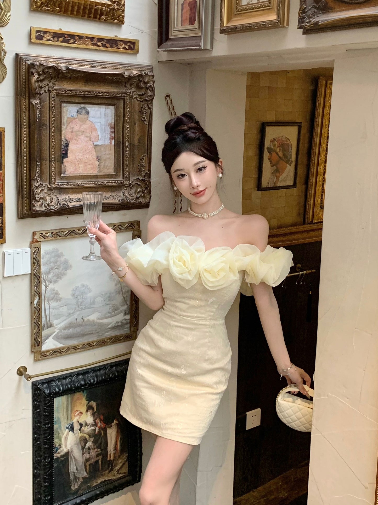 Temperament flower one-shoulder dress niche design banquet small dress R0797