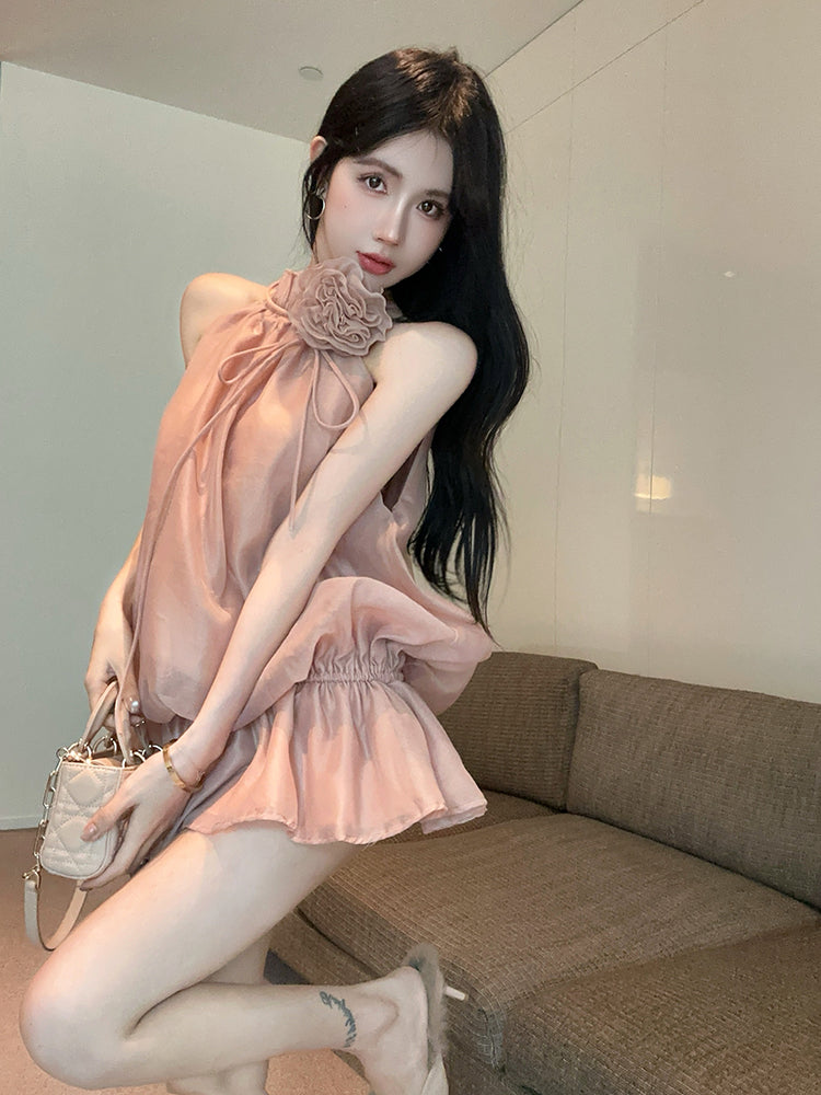 Gentle style, chic and beautiful flower halter neck short skirt, temperament petite dress R0796