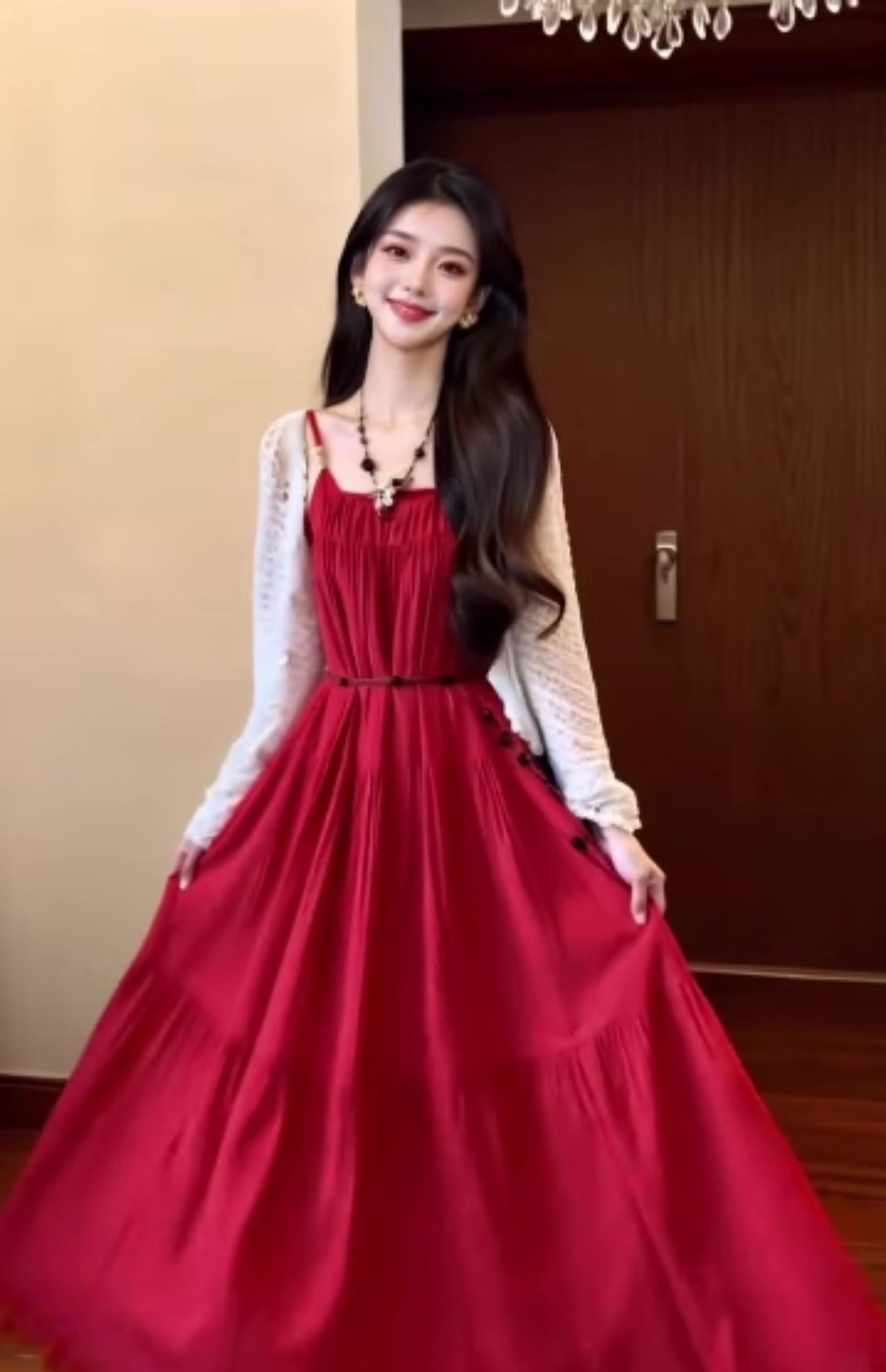 Retro red suspender dress holiday style temperament waist A-line long skirt R0682