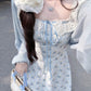 Gentle temperament blue floral dress new style beautiful small skirt R0684