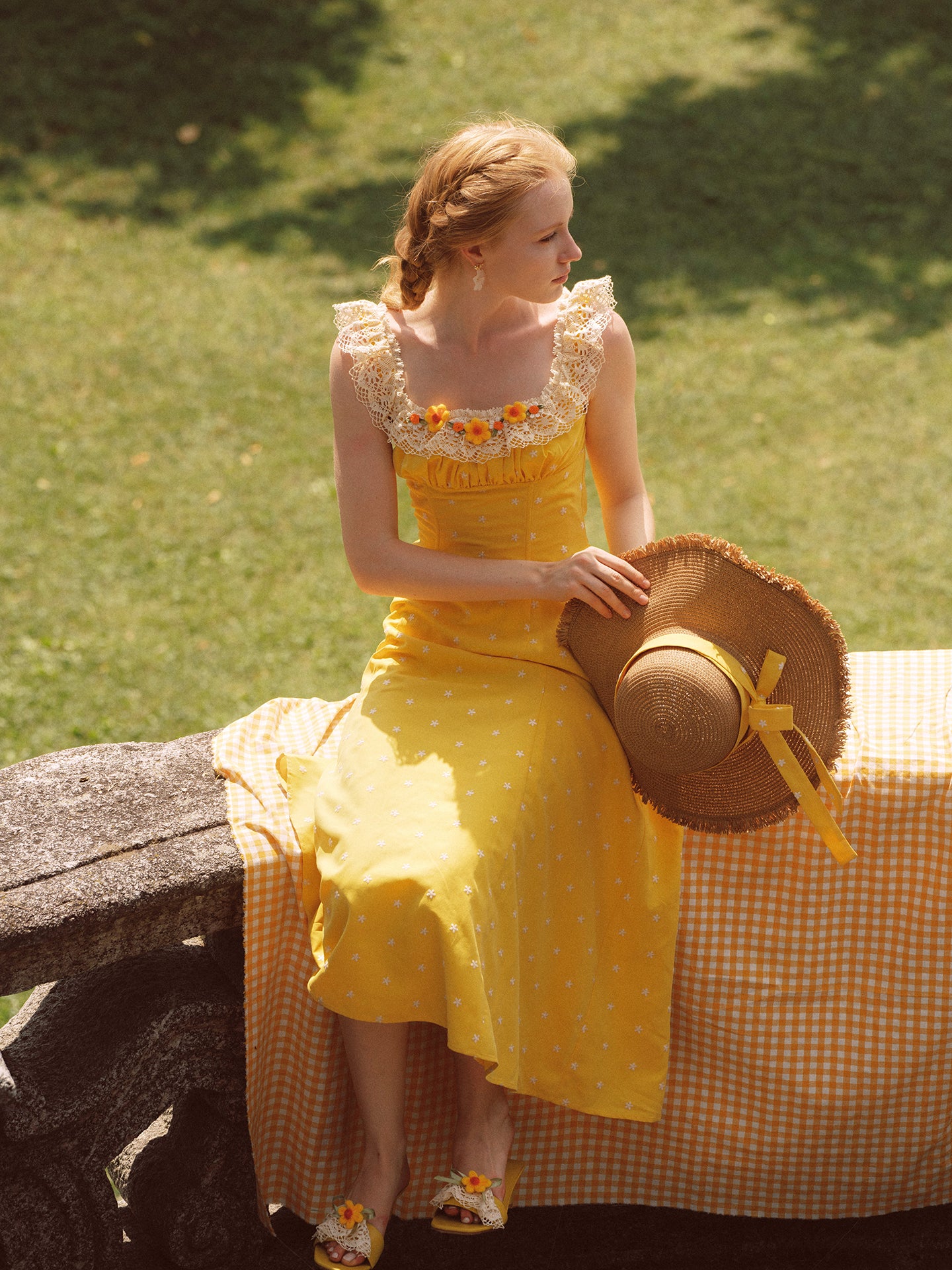 French pastoral style yellow suspender long dress lace girlish dress R5068