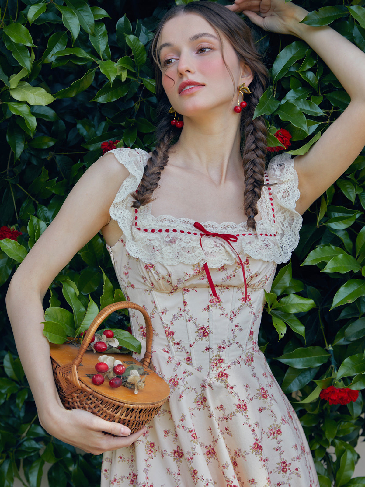 French cotton pastoral lace print dress fishbone skirt square neck women R5071