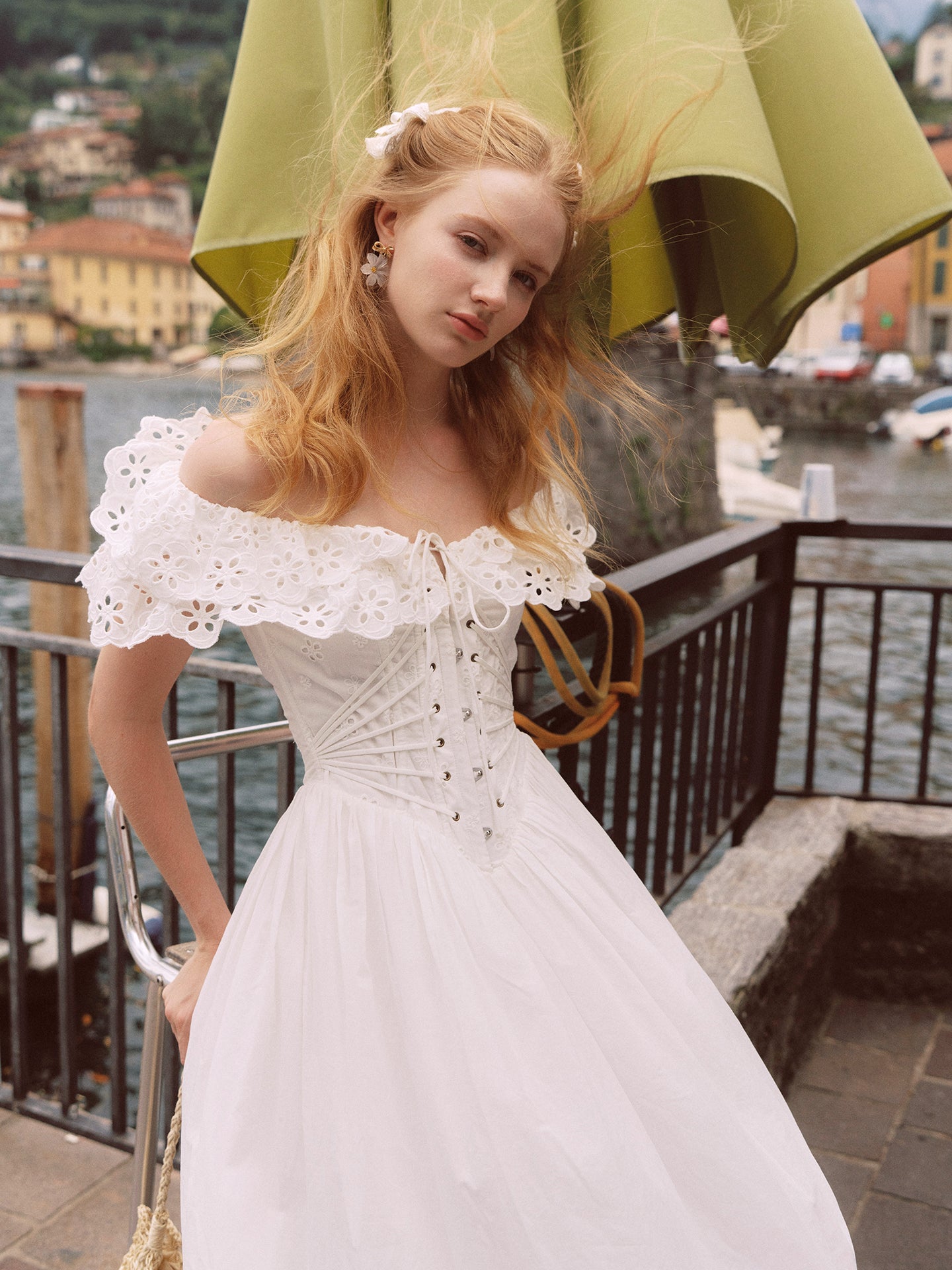 French design fishbone dress pure white hollow one shoulder long dress for women R5074