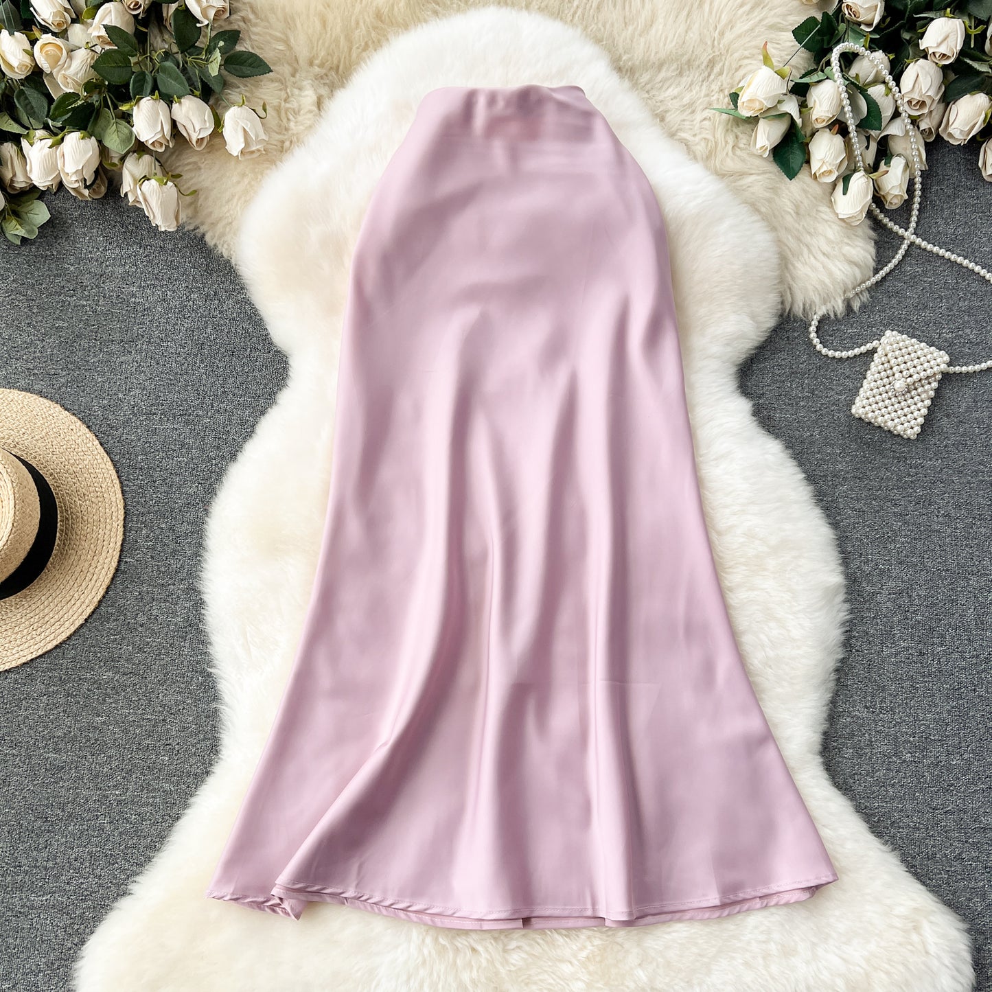 High-end satin skirt, high waist, slimming, medium-length fishtail skirt R2194