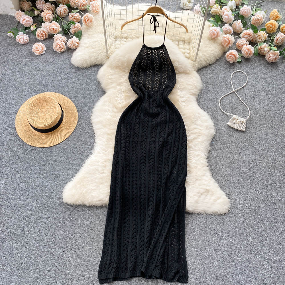 High-end temperament halter neck sleeveless hollow knitted dress slim fit slit holiday dress R2256