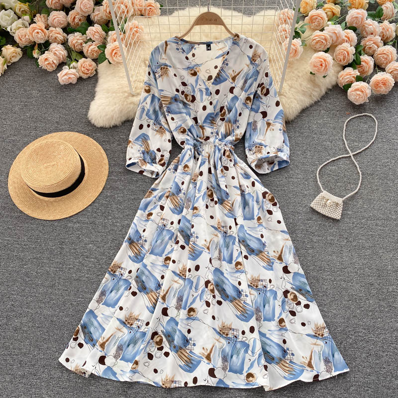 Dress goddess style temperament V-neck slim fit medium long retro print skirt R2206