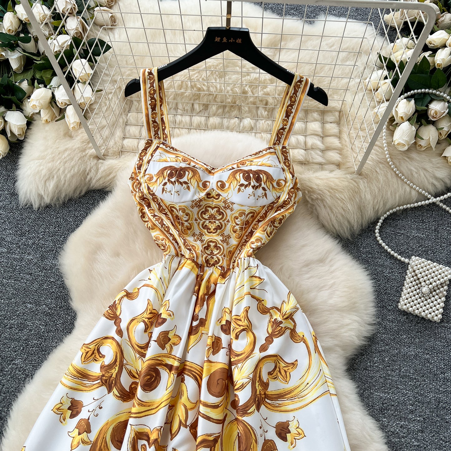 Ethnic style slim waist suspender dress with beautiful print A-line long skirt R2223