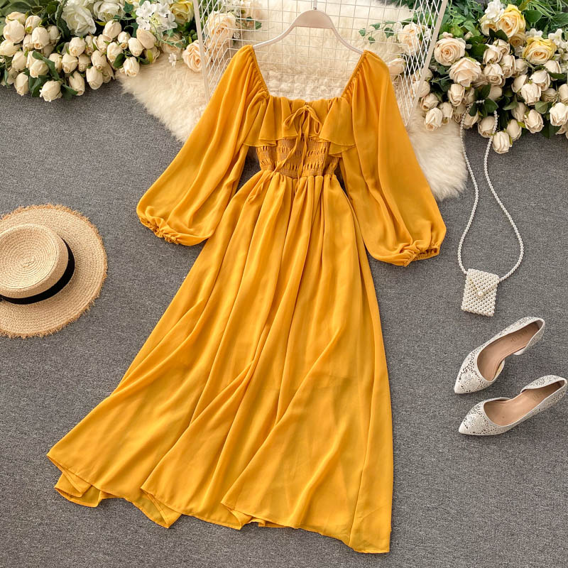 Gentle style dress 2025 new French retro square neck puff sleeve chiffon dress R2212