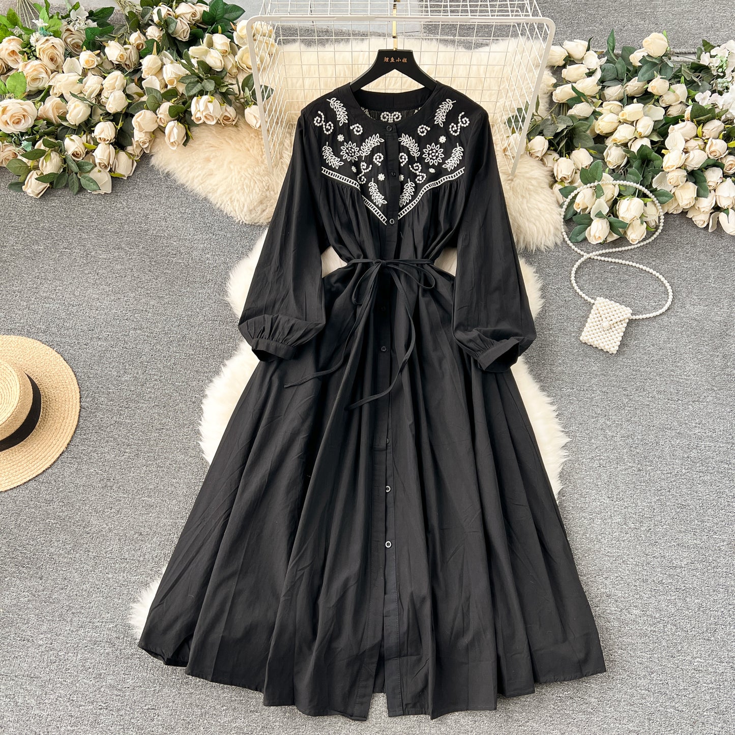 National style travel holiday dress long sleeves Bohemian retro design embroidery loose long skirt R2209