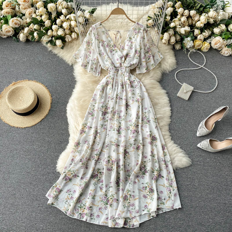 Seaside holiday dress 2025 new sexy V-neck waist slim long chiffon floral beach dress R2262