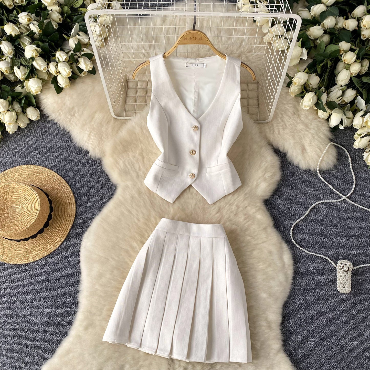 French Chanel style all-match split suit vest + high waist pleated skirt two-piece suit R2205
