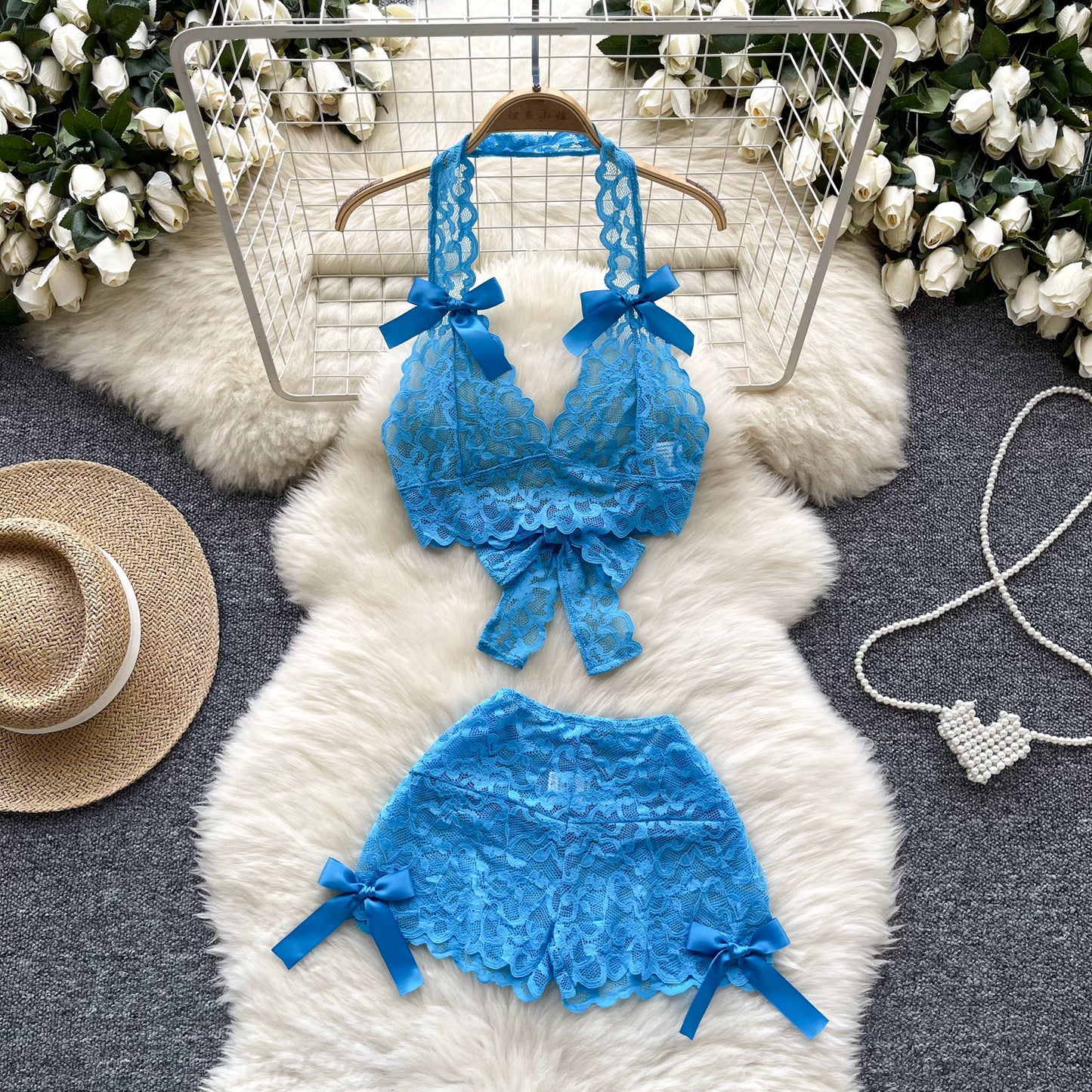 Hot Girl Lace Suit Summer Sexy Bowknot V-neck Halter Waist Short Top Shorts R2198