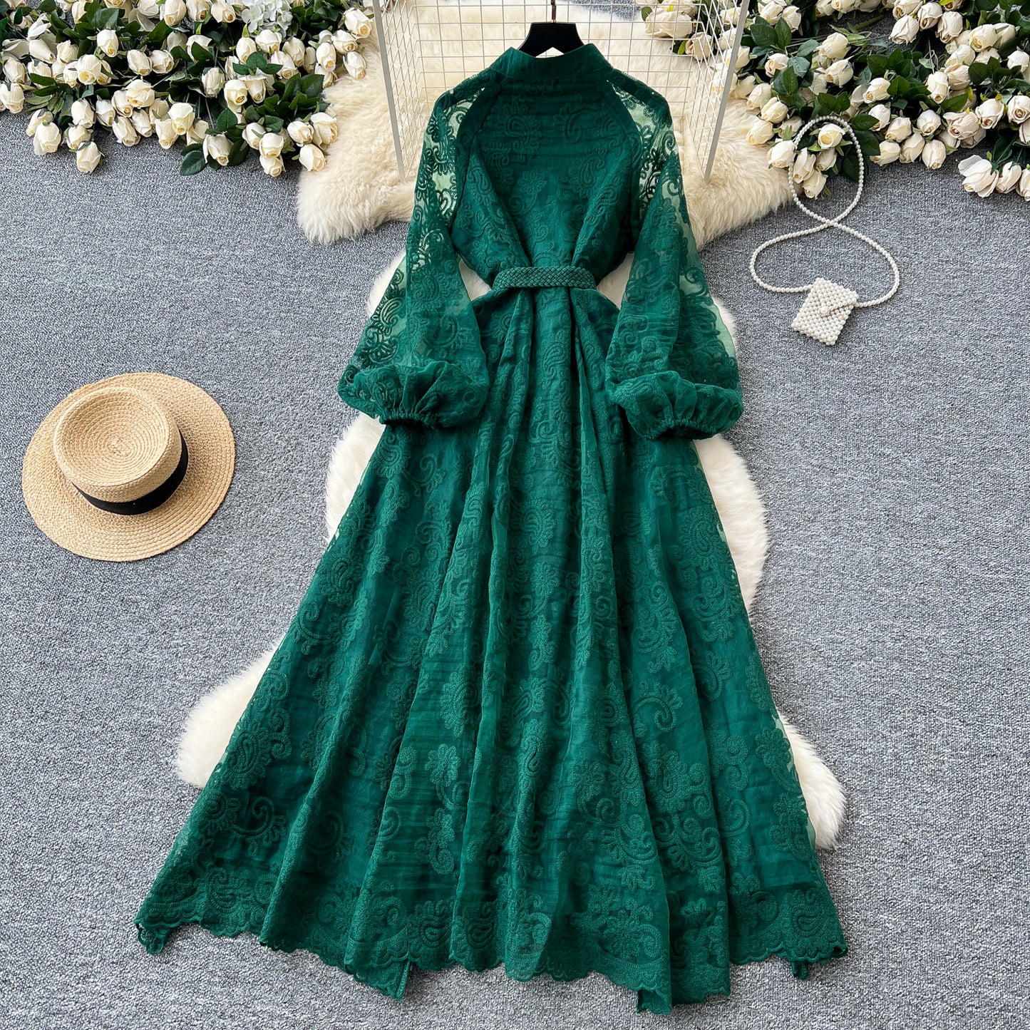 Elegant Stand Collar Crochet Embroidery Lantern Sleeve Tie Waist Long Dress R2250