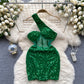 French lady style oblique collar dress mesh sequins niche hip-wrapped hot girl short skirt R2247
