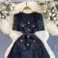 French Chanel style dress exquisite temperament square neck lace pleated long dress R2243