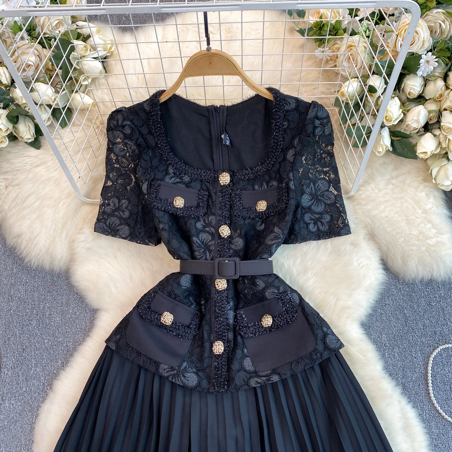 French Chanel style dress exquisite temperament square neck lace pleated long dress R2243