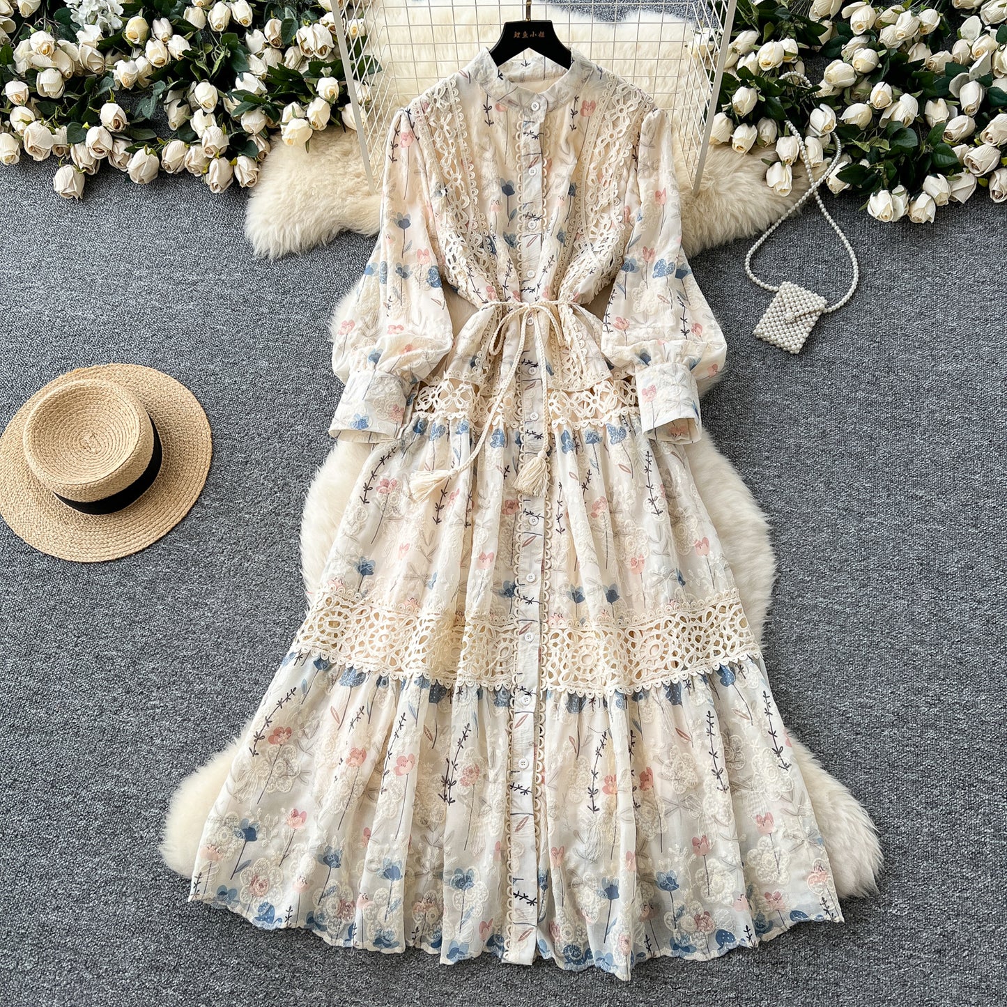 Palace style lace patchwork waist dress French slim print embroidered fairy long dress R2244