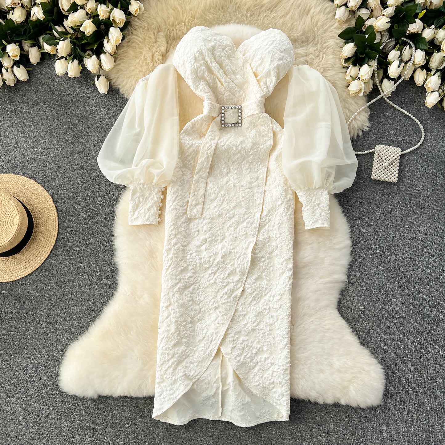 Banquet dress niche lantern sleeves sexy off-shoulder tube top slim fit long dress R2203