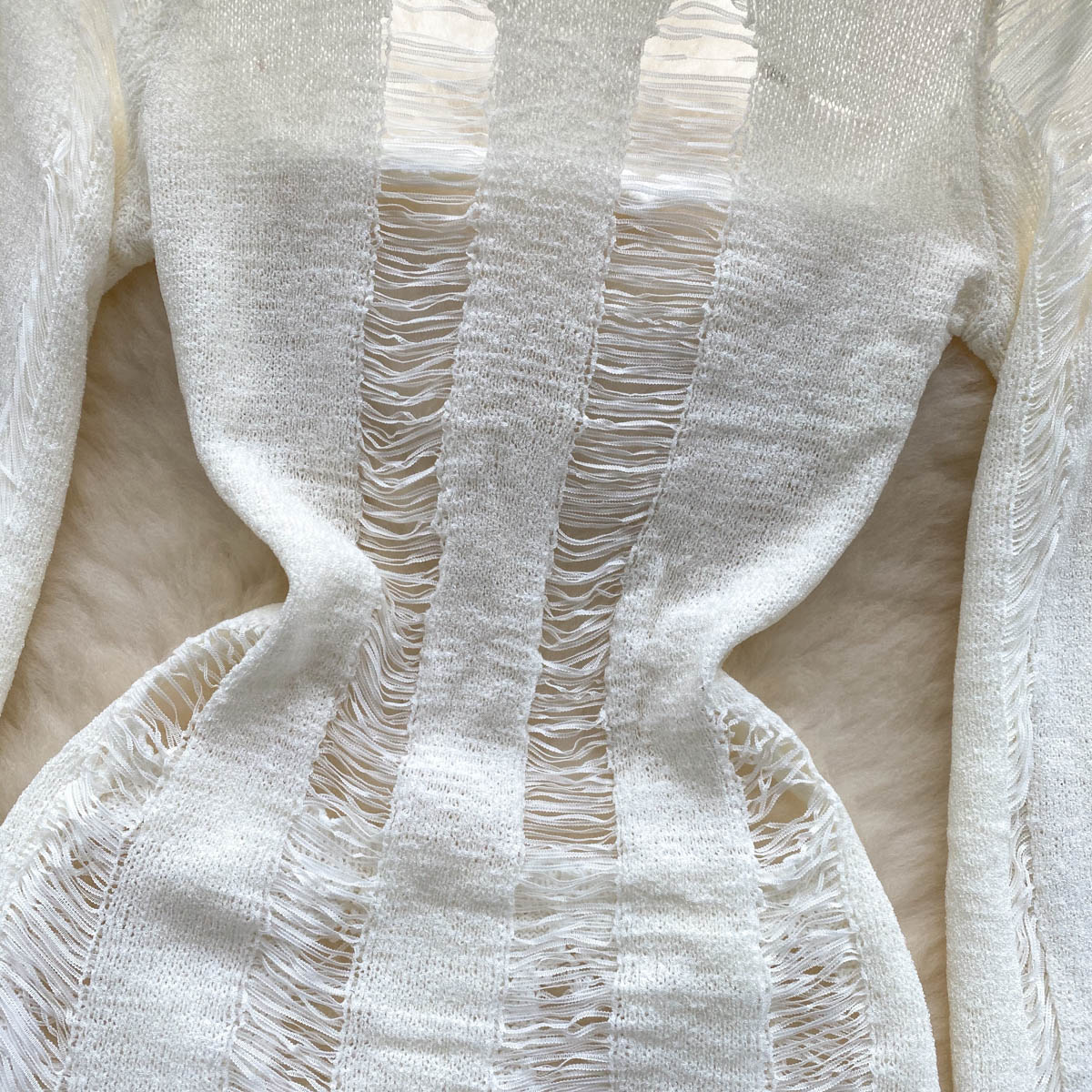 Sexy hollow thin long-sleeved knitted short skirt slimming and thin pure hot girl backless dress R2254