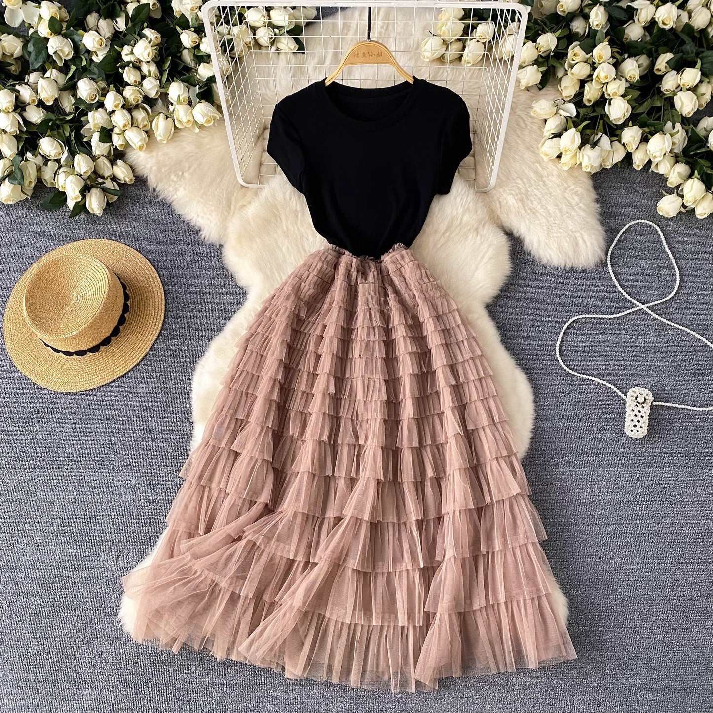 European and American style high-end dress mesh design waist slimming super fairy long skirt R2228