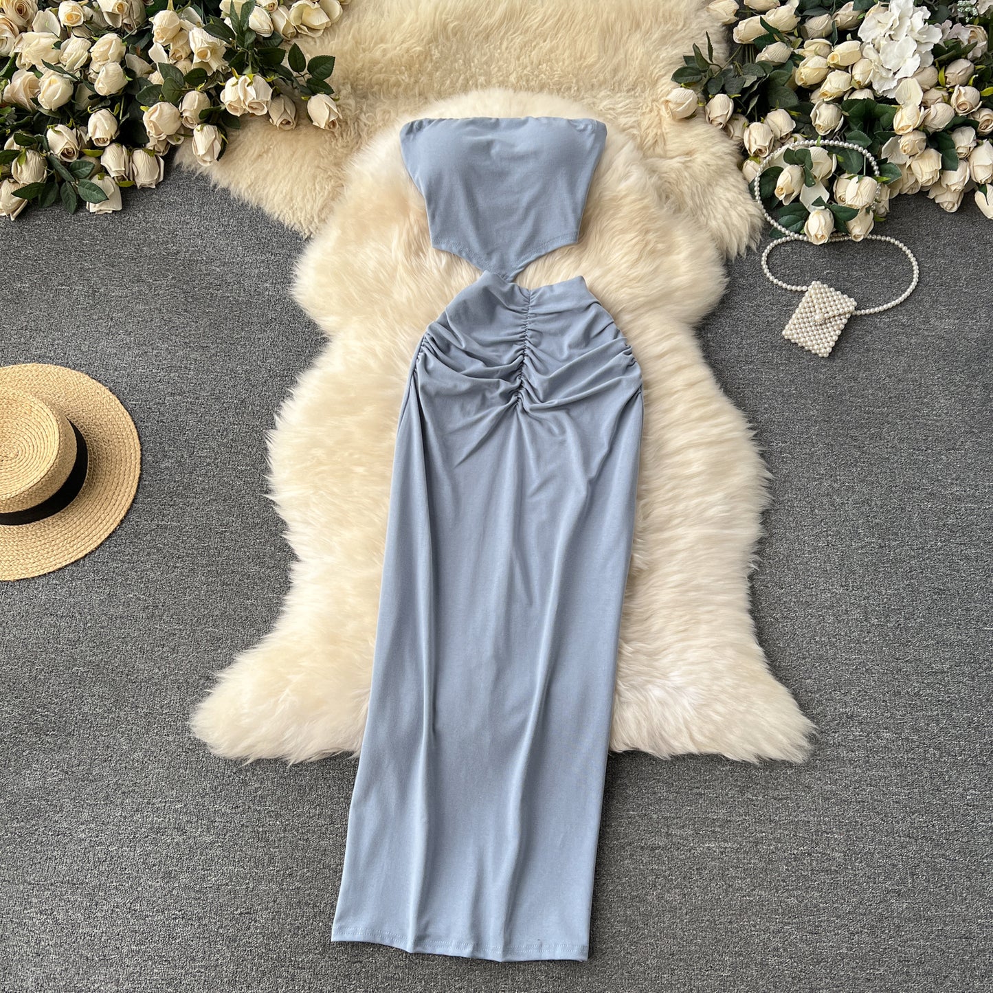 Hot girl style tube top short versatile pleated slim skirt fashionable two-piece skirt suit R2239
