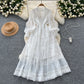 French retro lace splicing lantern sleeve dress waist slimming elegant long skirt R2225
