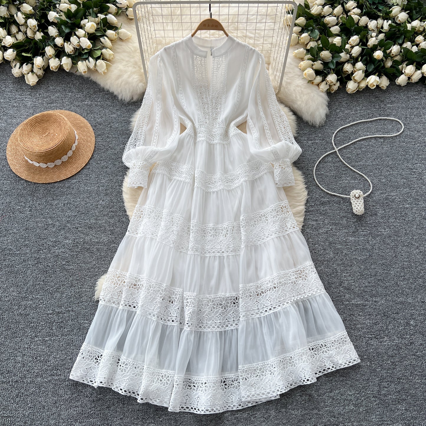 French retro lace splicing lantern sleeve dress waist slimming elegant long skirt R2225