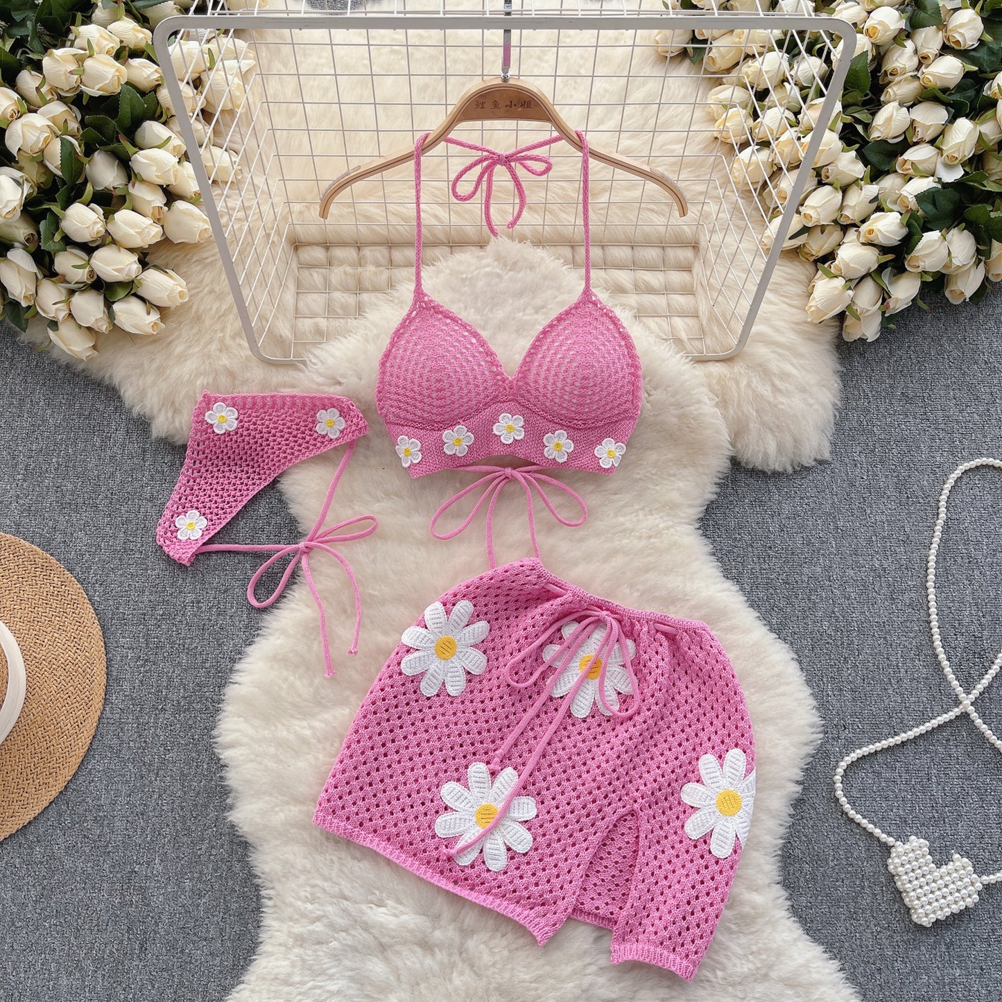 Seaside holiday style knitted bikini set small flower design pure desire three-piece set R2218