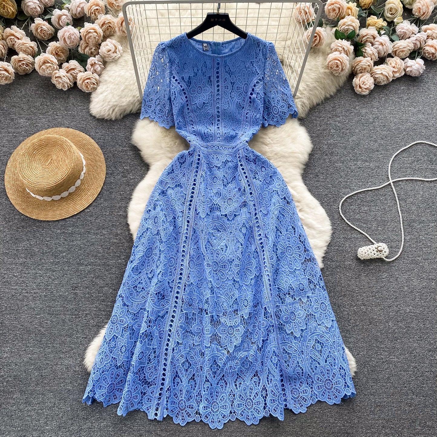 Retro round neck lotus leaf sleeve lace dress new style slim temperament elegant long skirt R2259