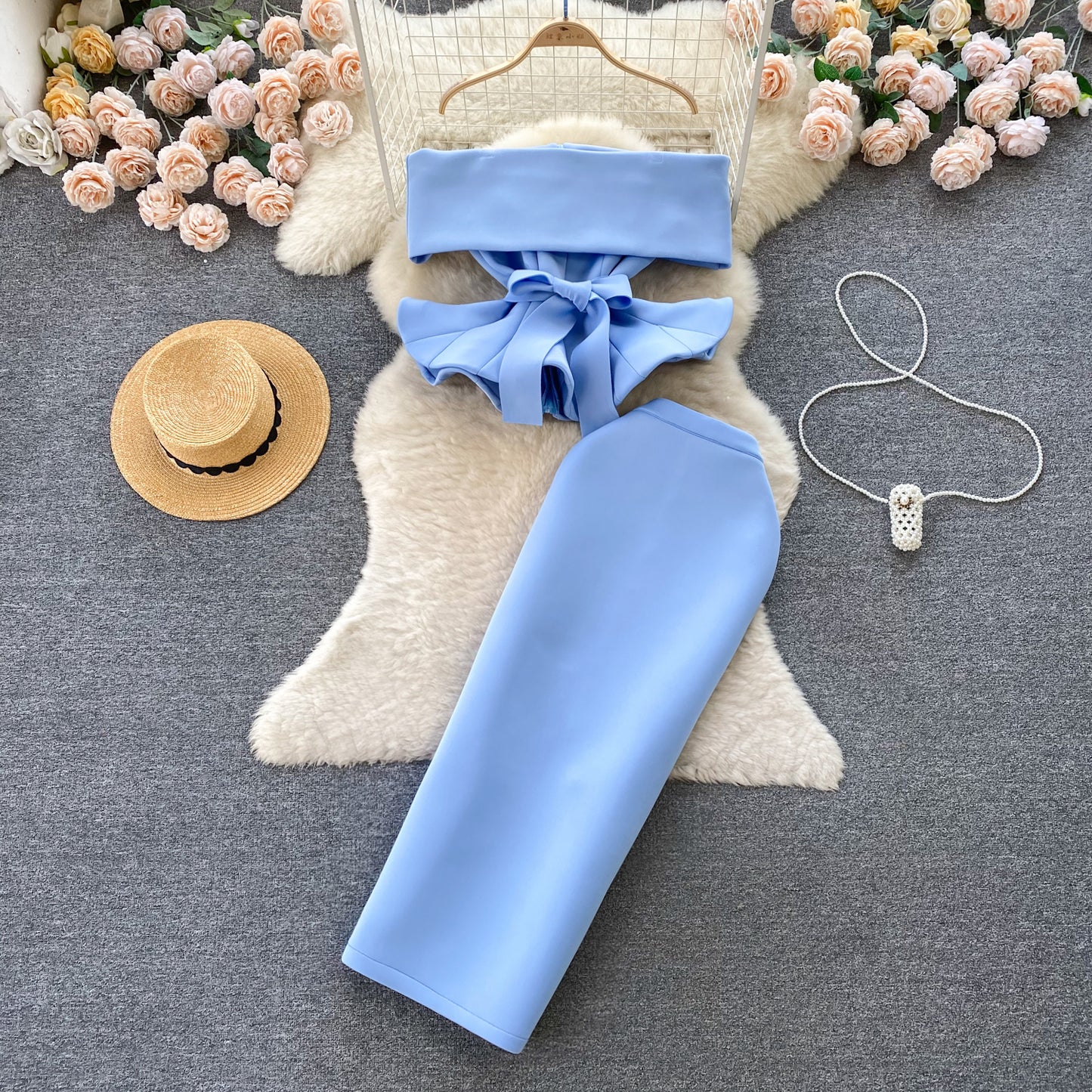 Palace style dress suit sexy one shoulder waist lotus leaf hem top versatile skirt two piece suit R2251