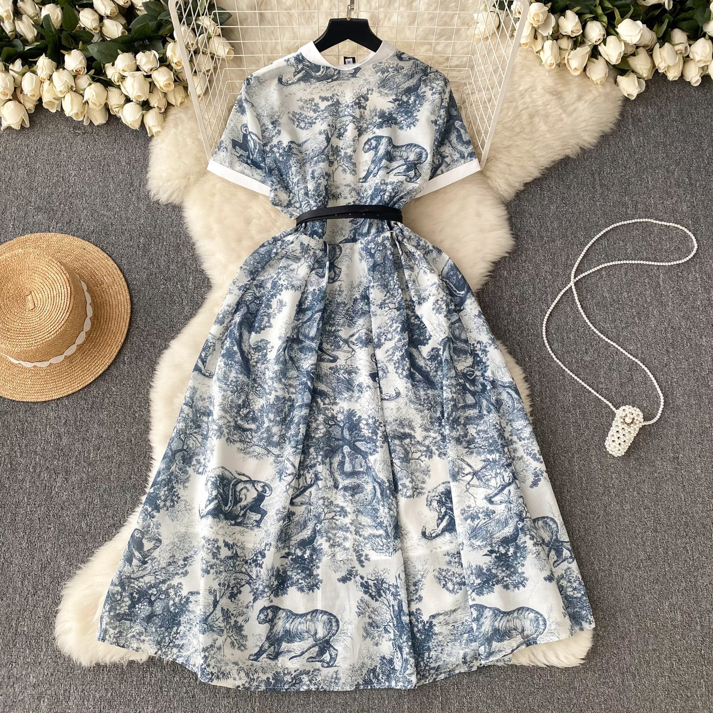 French palace style short-sleeved printed dress with waist and fairy temperament long dress R2241