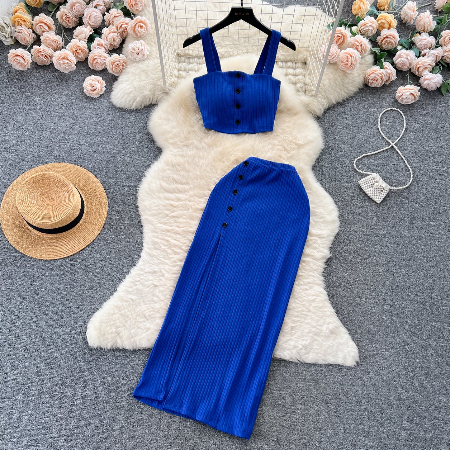 Small pure desire suit French short tube top camisole vest high waist slim slit skirt R2263