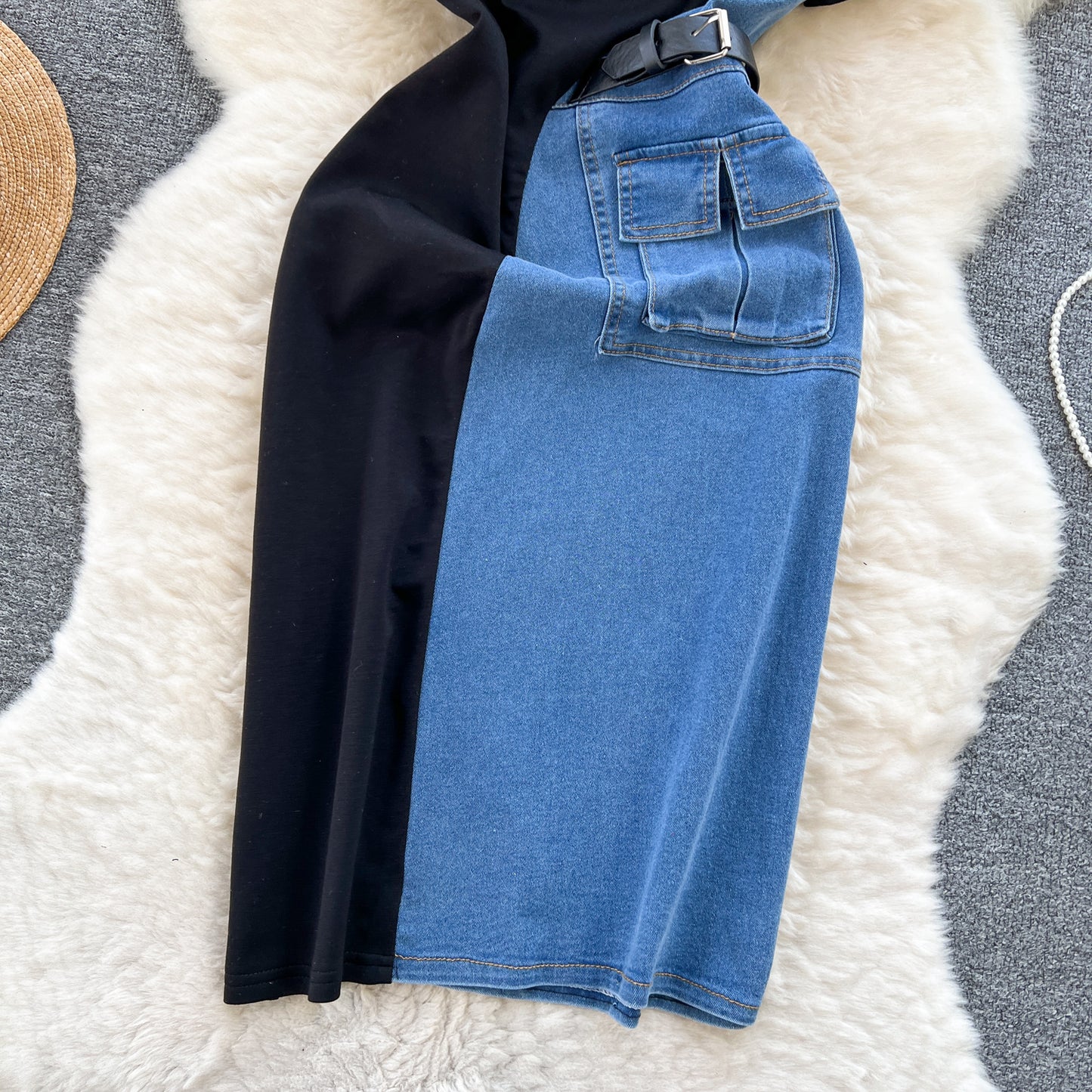 Retro denim skirt contrast color slim fit mid-length short-sleeved temperament dress R2233