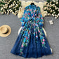 European and American printed dress stand collar waist tie long dress French chiffon skirt R2220