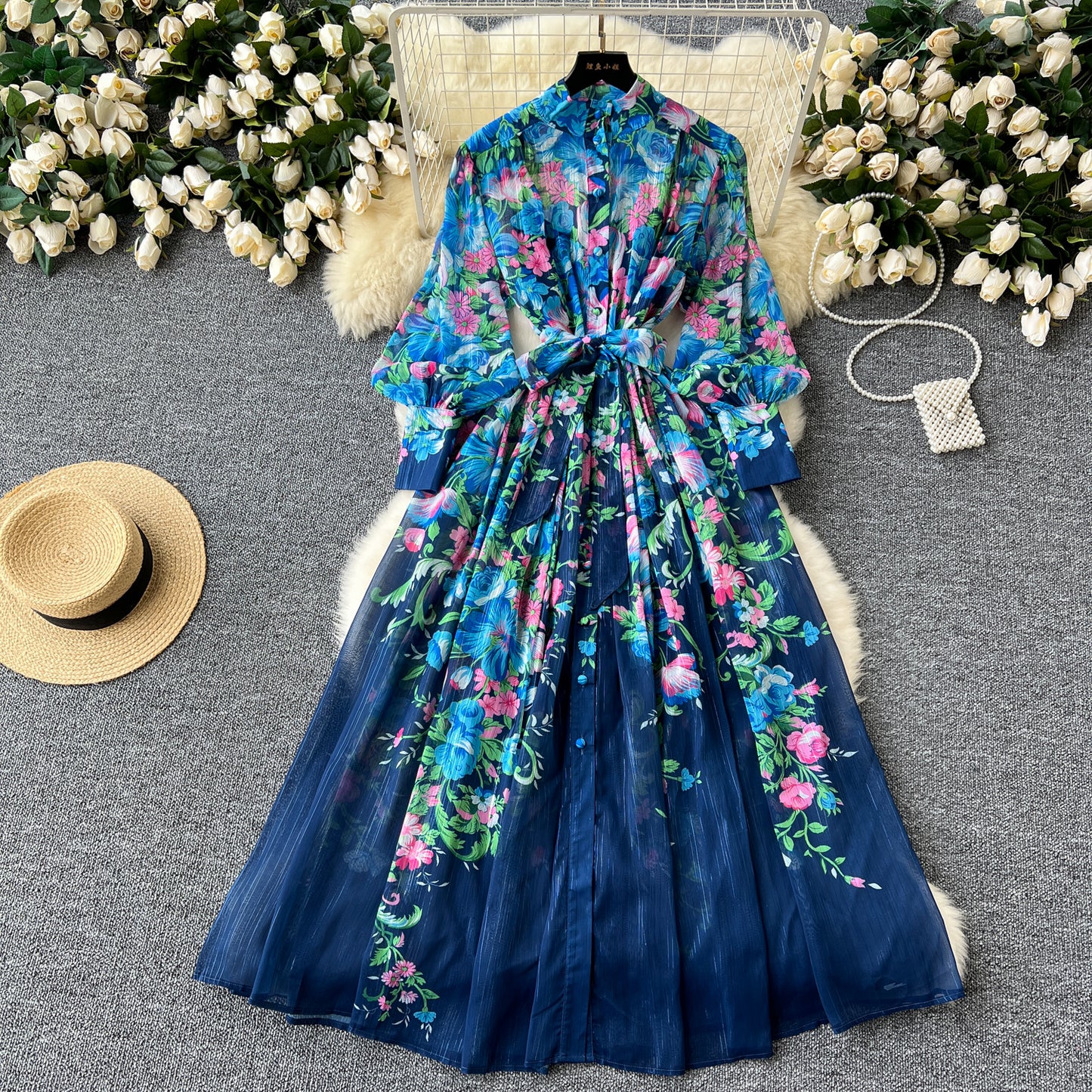 European and American printed dress stand collar waist tie long dress French chiffon skirt R2220
