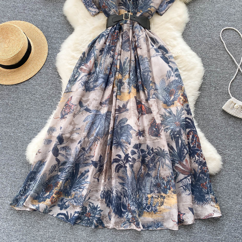 Palace style French elegant printed dress new style waist slimming gentle style long skirt R2226