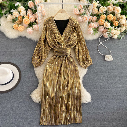 Fashion blogger retro palace style dress new temperament V-neck tie waist dress R2199