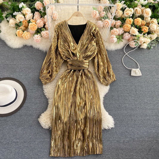 Fashion blogger retro palace style dress new temperament V-neck tie waist dress R2199