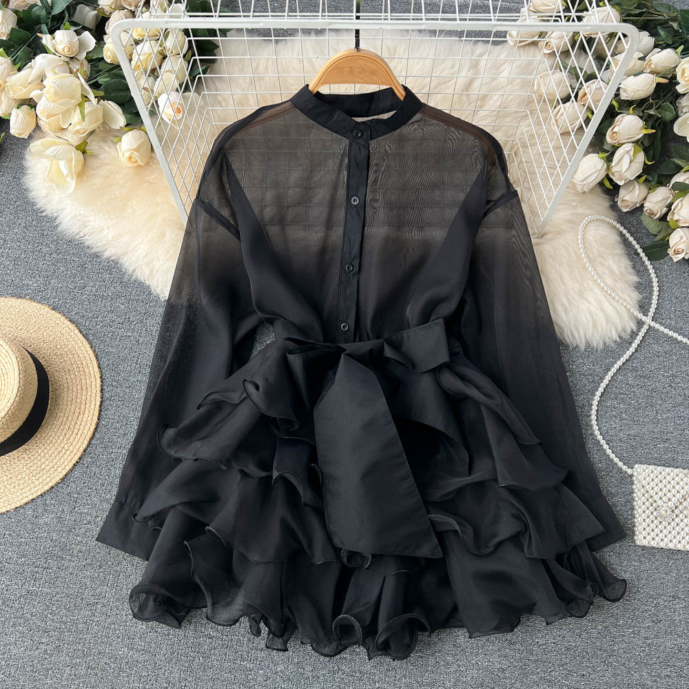 Chiffon chic tops new ruffles high-end design bow tie niche shirt R2252